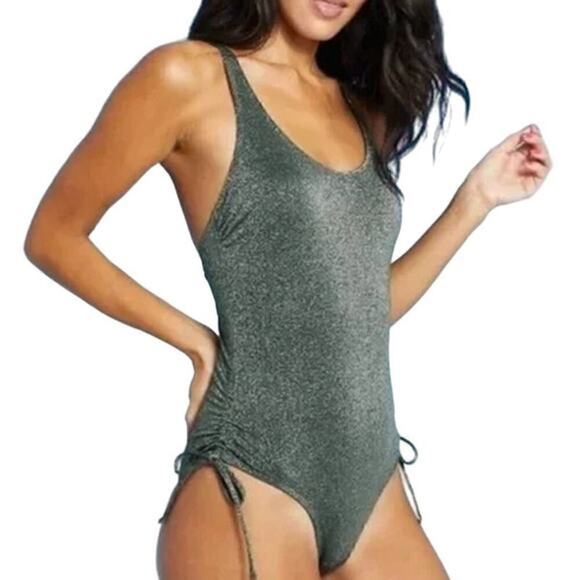 [Xhilaration] Green Metallic Sparkle Side Cinch One Piece Swimsuit Summer Sz XL - Picture 1 of 12